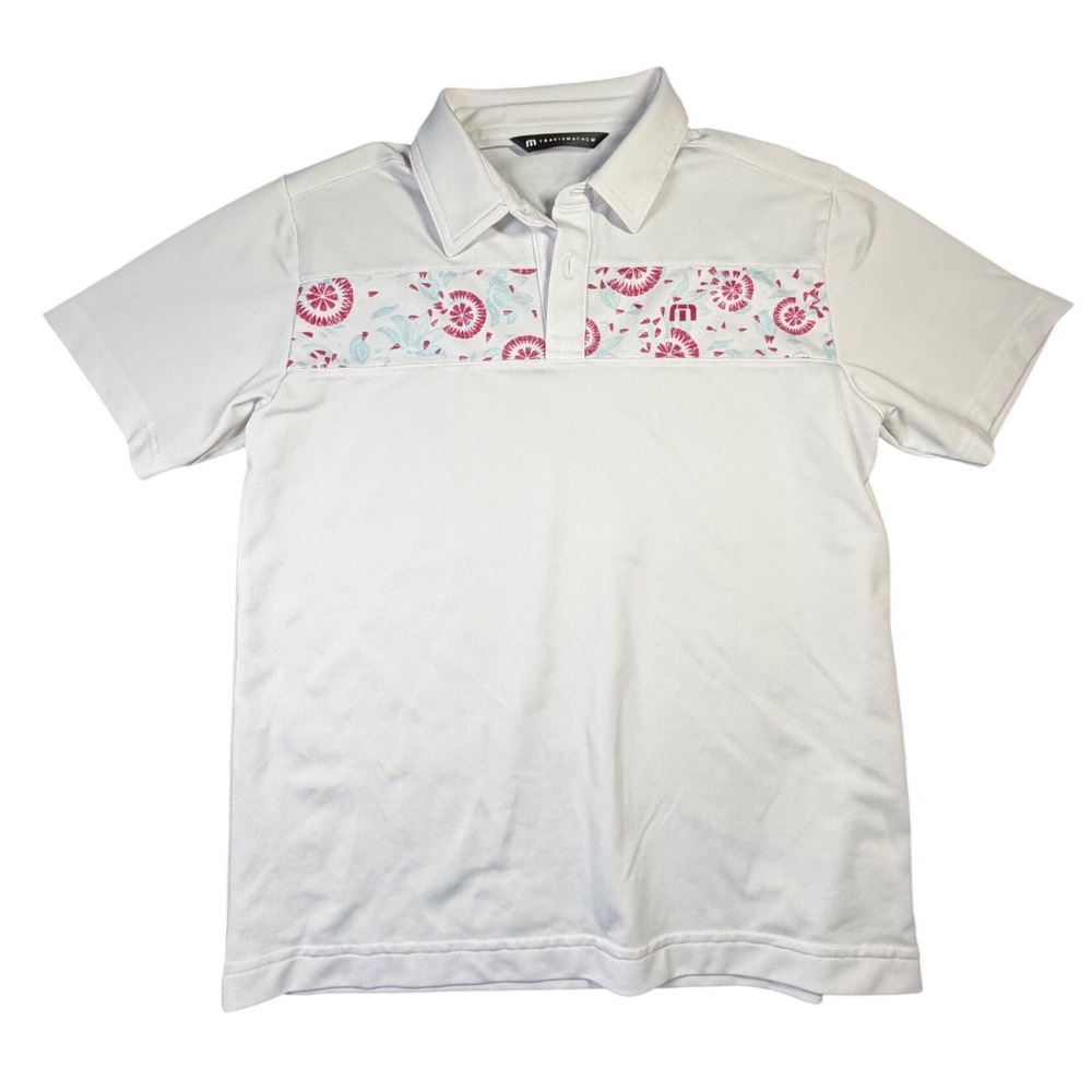 TravisMathew Boys White Floral Chest Stripe Golf Polo Shirt Size Large L K1